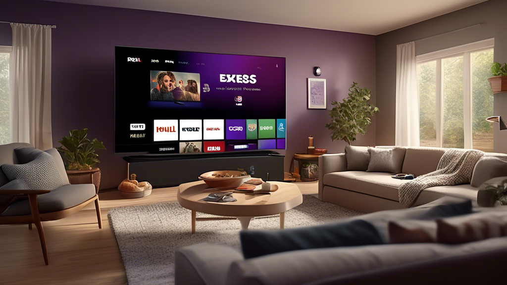 Create an image that showcases a cozy living room setting with a prominent Roku Express streaming device displayed prominently. The room has a large flat-screen TV with various streaming service icons like Netflix, Hulu, Disney+, and Amazon Prime Video visibly displayed on the screen, emphasizing the device