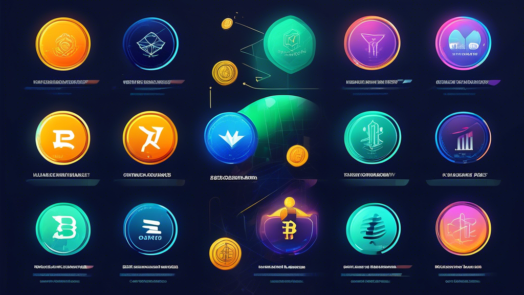 Create an illustration showcasing the top contenders for the best cryptocurrency to buy right now. Include visually distinct coins, each labeled with their names and key features, in a futuristic digital setting. The background should feature graphs and market trend indicators, conveying the concept of thorough market analysis. Add elements that suggest expert opinions and predictions, like speech bubbles with stats or growth charts. The overall style should be vibrant and modern, emphasizing innovation and investment potential in the cryptocurrency space.