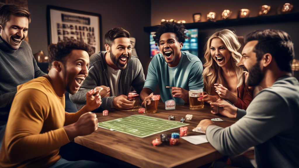 Create an image that captures a lively scene of friends engaging in sports betting together. The setting should be a cozy living room, with a large TV displaying a live sports event. Several friends are gathered around a table covered with snacks and drinks, looking excited and animated as they discuss their bets. Include a chalkboard or paper with sports statistics and betting odds in the background. Emphasize the camaraderie and fun of the experience, showcasing diverse friends of varying backgrounds, ages, and genders, all sharing a good time while betting on their favorite teams.