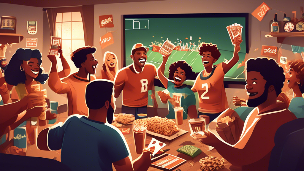 Create an engaging illustration of a lively sports betting watch party scene. Show a group of friends gathered around a large TV, cheering for their favorite teams while holding up betting slips. Include fun elements like snacks, drinks, and decorations that amplify the excitement of the event. Highlight the camaraderie as they celebrate a win together, with some friends high-fiving and others analyzing game stats on a laptop. The atmosphere should be festive and vibrant, capturing the essence of enjoying sports betting with mates.
