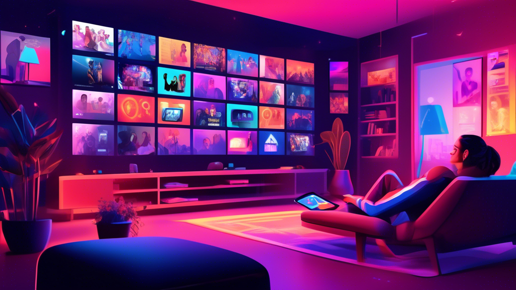 Create a digital illustration that features a person comfortably seated in their living room while streaming content on a large screen. The screen displays an array of vibrant thumbnails representing various genres of movies and shows. The room is filled with ambient lighting, and the viewer can see icons and symbols representing VPNs and security software subtly integrated into the scene, highlighting themes of cybersecurity. Add a soft overlay of a padlock to symbolize safe streaming, subtly hinting at security and privacy tools being in place. The atmosphere should be inviting and informative, conveying the message of enjoying unblocked video websites safely and responsibly.