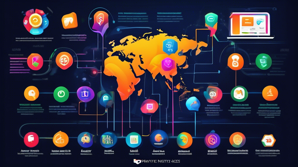 Create a visually engaging infographic that illustrates the key benefits of using Private Internet Access Smart DNS. Include elements such as enhanced streaming capabilities with visuals of popular streaming platforms, improved browsing speed represented by racing graphics, and increased privacy and security symbolized by a locked shield. Incorporate a modern and tech-inspired design, using vibrant colors and clear icons, to effectively communicate the advantages of Smart DNS in an appealing way.