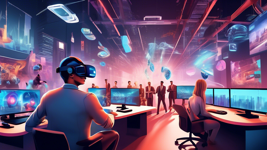 Create an image depicting a dynamic and futuristic scene showcasing the innovation of VR startup companies as they disrupt traditional markets. Illustrate a vibrant urban environment where small, agile VR tech companies are visibly challenging larger, established tech giants. Include elements like diverse professionals collaborating in high-tech VR labs, showcasing cutting-edge VR headsets and devices. Highlight sectors such as entertainment, with immersive VR gaming experiences; healthcare, illustrating virtual therapy sessions; and education, with VR classrooms. Convey a sense of transformation and industry redefinition as these startups shape new industry standards.
