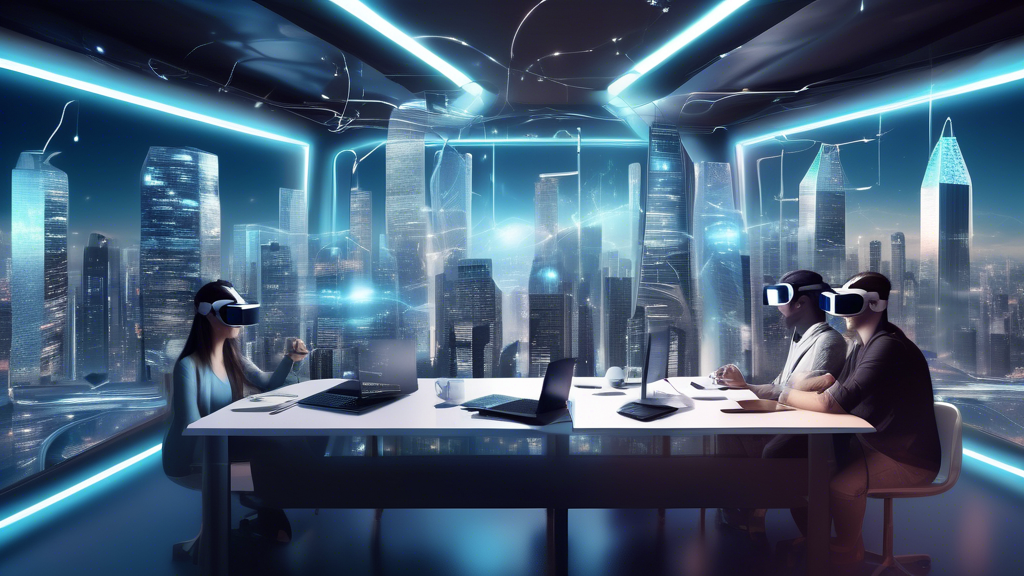 Create an image that represents the future prospects of VR startup companies in the evolving tech sphere. The scene should depict a futuristic cityscape with elements of virtual reality seamlessly integrated into everyday life. Incorporate visual symbols of challenges, such as obstacles represented by digital barriers, alongside opportunities like bridges and collaborative networks connecting various tech hubs. Include holographic figures and VR devices, illustrating strategic partnerships and interactions among diverse startups. The city