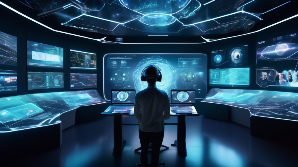 Create an image featuring a futuristic control room where digital analysts are engaged in a high-tech comparison of leading adult VR sites in 2023. The room is filled with holographic displays showing virtual reality environments, data charts, and interface designs. Each analyst is wearing sleek VR headsets while interacting with these holograms, highlighting the strengths and weaknesses of different sites. The atmosphere should be both cutting-edge and analytical, with an emphasis on technology and critical evaluation.