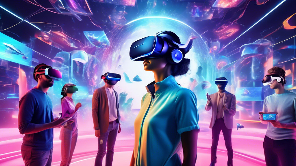 Create an imaginative and futuristic digital artwork featuring a vibrant and immersive VR experience in the year 2023. The scene should depict a diverse group of adults wearing sleek, next-generation VR headsets, all engrossed in their individual yet interconnected virtual worlds. In the background, there should be holographic displays showcasing key trends and innovations transforming the adult VR industry, such as AI-driven experiences, ultra-realistic graphics, and seamless integration with smart home technology. The atmosphere is one of excitement and anticipation, capturing the essence of what the best adult VR sites promise for the future.