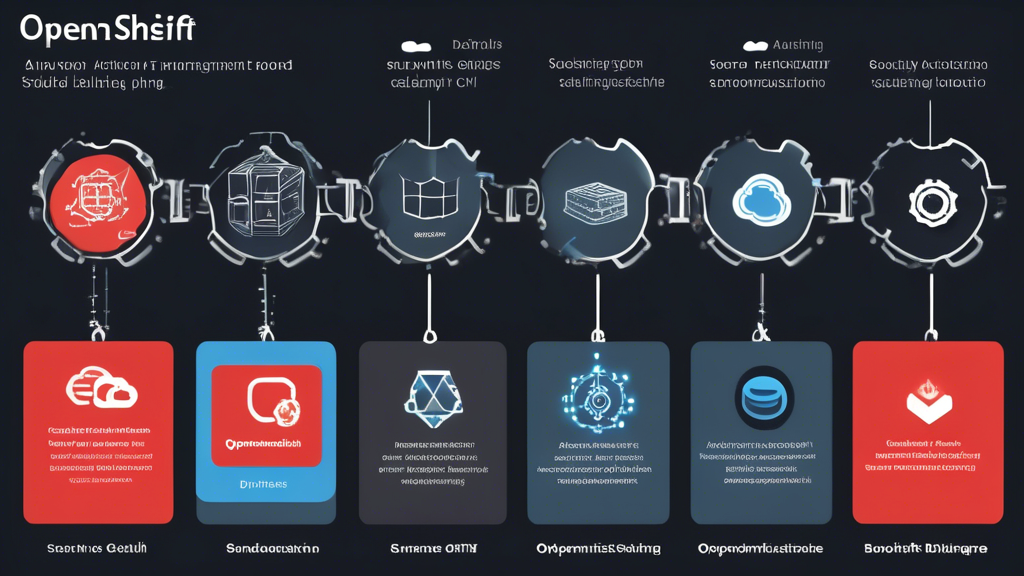 Create an image that illustrates the main features of OpenShift, highlighting its efficiency-boosting capabilities and development acceleration. The scene should depict a dynamic digital landscape showcasing automated application scaling and management, strong security measures, and CI/CD pipeline integration. Include visual elements such as cloud infrastructure, code deployment in action, security shields, and gears representing automation. The overall aesthetic should convey innovation in container orchestration and the future of software development, with the word OpenShift prominently featured.