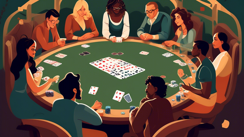 Create an illustration that encapsulates the essence of card game strategies. The scene should depict a poker table surrounded by players of diverse backgrounds, each showcasing their unique strategies. Some players are deep in thought, analyzing their hands, while others engage in spirited discussions about bridge tactics. In the background, elements representing solitaire and casual games, like a beautifully arranged deck of cards and a player concentrating on their own game, should be visible. Include visual indicators of winning strategies, like highlighted cards and thought bubbles with tips. The atmosphere should convey a sense of excitement and camaraderie, emphasizing the social aspect of playing cards.