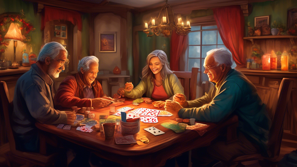 **DALL-E Prompt:** Create an inviting and cozy scene depicting a well-organized card-playing environment. The image should include a beautifully set table with an array of colorful playing cards, snacks, and drinks. Soft lighting should cast a warm glow over the scene, enhancing the social atmosphere. Include diverse people of various ages sitting around the table, engaged in a friendly card game, showcasing good sportsmanship and social etiquette. In the background, display books and resources about card games to highlight the importance of skill development. The overall mood should convey enjoyment, camaraderie, and the art of playing cards.