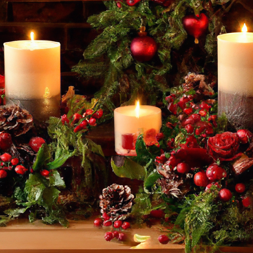 Create an image that showcases a cozy, festive holiday scene featuring Woodwick Christmas candles as the centerpiece. The scene depicts a beautifully styled holiday mantel in a warm living room. Candles of various sizes are artfully arranged among lush evergreen garlands and twinkling fairy lights. Adornments such as pinecones, red berries, and silver ornaments complement the natural beauty of the candles. The soft glow of the candlelight reflects off delicate glass ornaments and an intricately decorated Christmas wreath hanging above. The overall ambiance feels warm, inviting, and perfectly balanced for a festive wonderland.