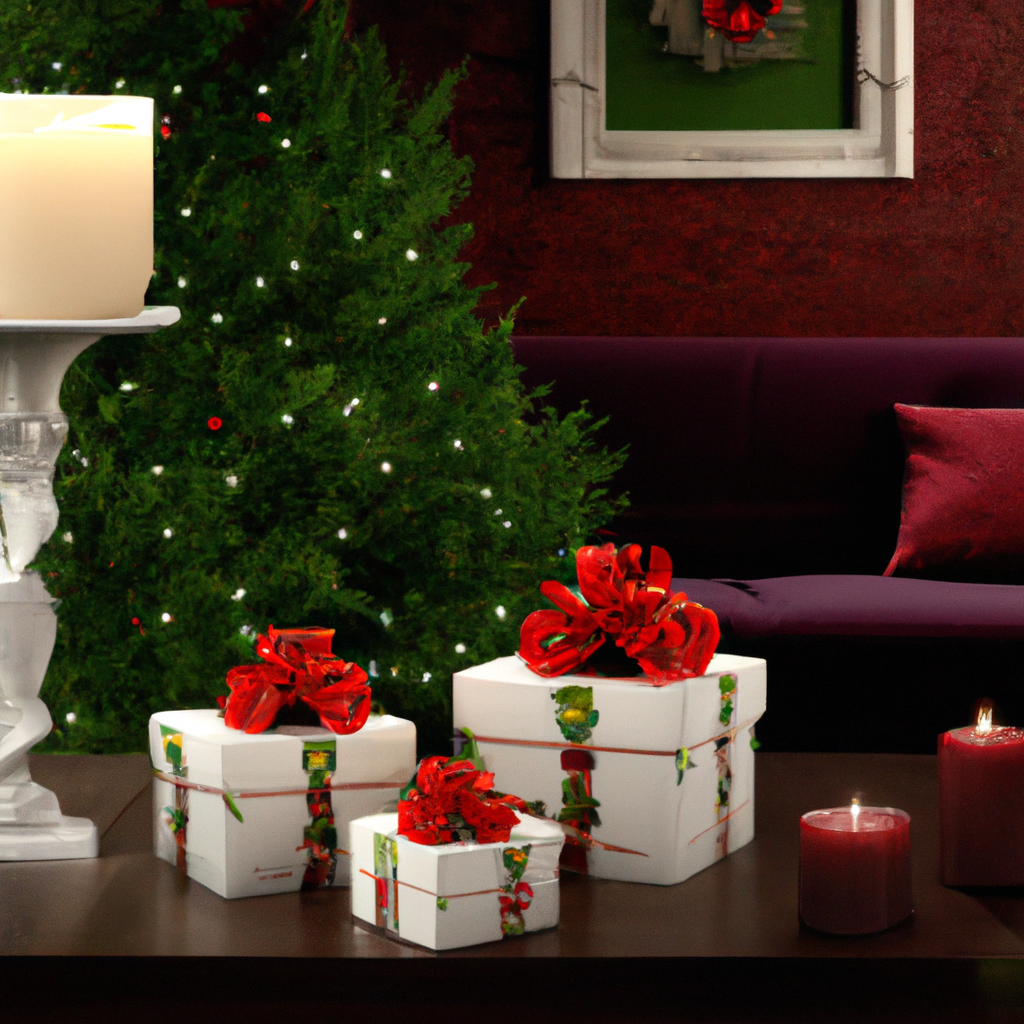 Create an image of a cozy and elegantly decorated living room filled with holiday warmth. The main focus is a beautifully wrapped Woodwick Christmas candle set displayed prominently as a gift. The packaging is sleek and luxurious, reflecting premium quality. Around it, various Woodwick candles are lit, emitting a warm glow and subtle smoke that suggests their signature crackling sound. The room is adorned with tasteful holiday decorations like a decorated Christmas tree, wreaths, and garlands that enhance the festive atmosphere. A few testimonials about the candles