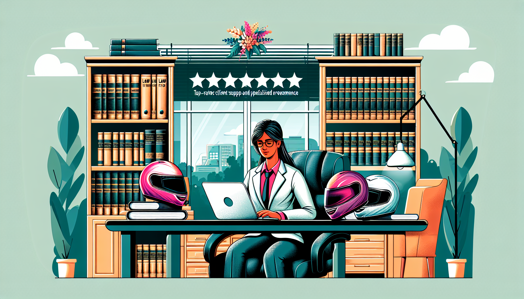 An engaged client reviewing testimonials and ratings on a laptop, while sitting in a well-decorated, approachable law office environment, marked with legal books and motorcycle helmets on the shelves, symbolizing a top motorcycle accident law firm known for its excellent client support and specialized expertise.