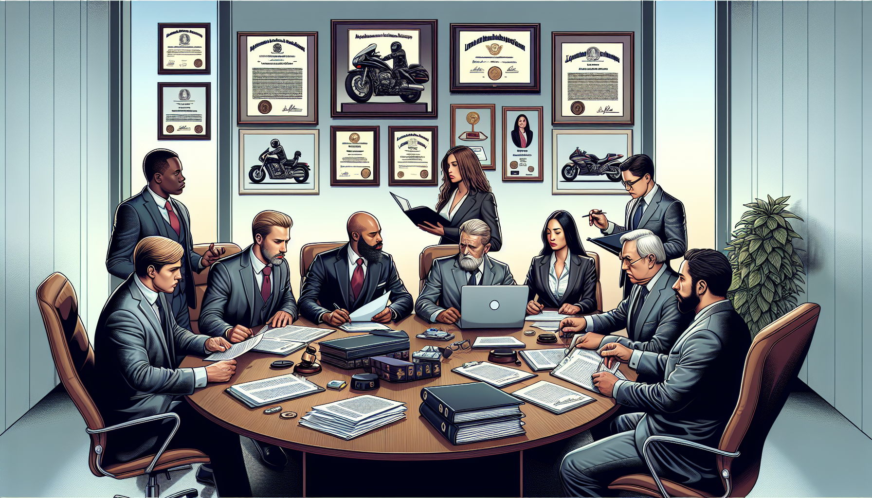 DALL-E prompt: A detailed office setting with attorneys in the middle of a consultation meeting, vividly representing a top motorcycle accident law firm. The image should show a diverse group of focused lawyers, both male and female, gathered around a large table cluttered with legal documents and a laptop. One lawyer, possibly the lead, points at a document that shows a checklist of critical questions for clients. On the walls, diplomas, and legal accolades are visible, emphasizing the firm