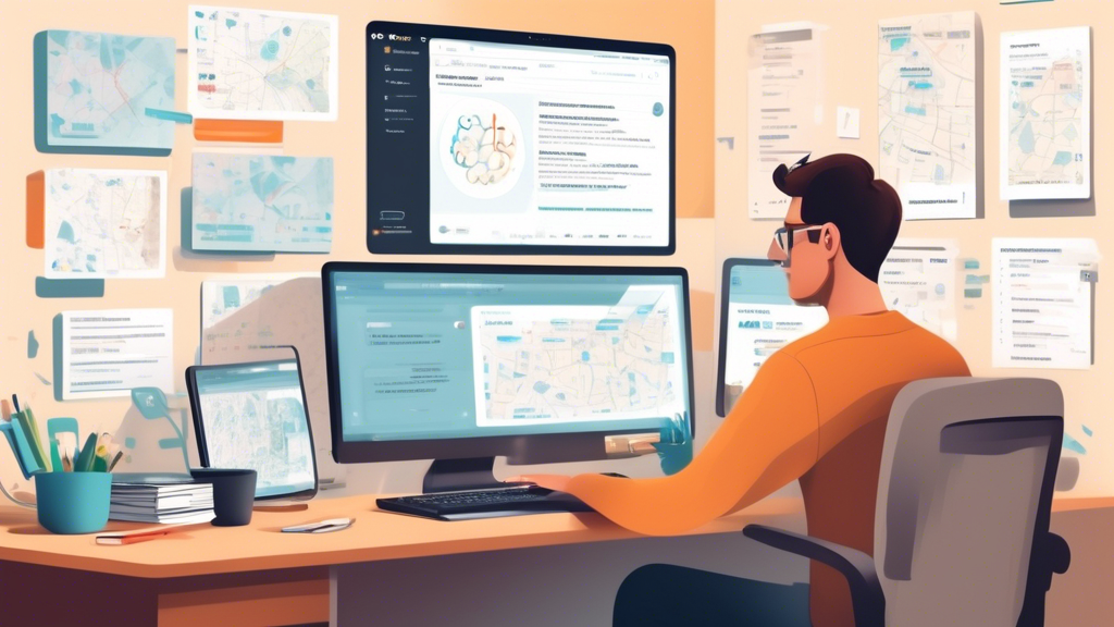 Create an image that illustrates a person sitting at a computer, with a detailed focus on the computer screen displaying a search engine. The search bar prominently shows the keyword dot test for cdl near me, and search results cascade down the screen, showing maps and a list of local DOT testing centers. The room is well-lit with organized desk elements like a notebook, pen, and coffee cup. Include subtle icons popping out of the screen that represent online tools and apps, emphasizing the efficiency and modern accessibility of locating DOT testing centers through digital resources.
