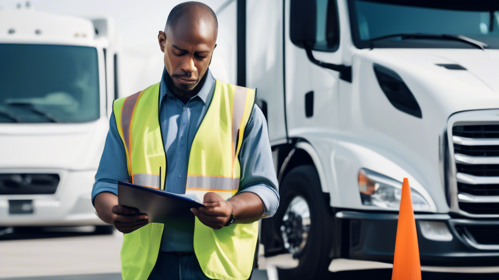 Create an image depicting a commercial driver preparing for their DOT test appointment. The scene includes a checklist on a clipboard, listing essential items like identification, medical records, and payment forms. The driver is standing next to a commercial vehicle in a testing center environment, reviewing the list with a focused expression. Surrounding them are visual cues for mental and physical preparation, such as a water bottle, where to read practice materials, and reminders like Stay Calm and Breathe. The atmosphere conveys readiness and confidence, offering insights into the testing procedures and preparation essentials.