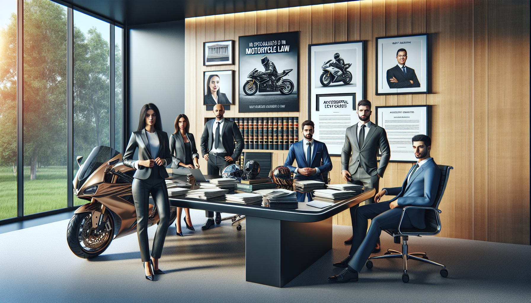 Create an image of a sophisticated legal office setting with a focus on motorcycle law. In the foreground, a diverse group of confident attorneys are gathered around a sleek, modern conference table, each exhibiting a specialty in motorcycle accident law. On the walls, there are framed successful cases and positive client testimonials. The room also features state-of-the-art communication devices, illustrating the firm