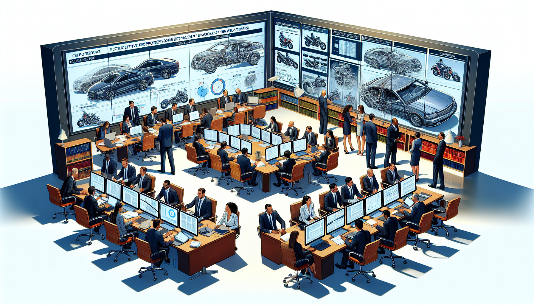 Image of a high-tech conference room with a team of legal professionals engaging in a strategic planning session. They are surrounded by advanced digital tools and resources for case investigation, including multiple computer screens displaying accident reconstructions, legal databases, and client case files. These lawyers are actively discussing strategies, emphasizing their role in providing comprehensive representation and client education, all the while showing the modern, well-equipped environment of a top motorcycle accident law firm.