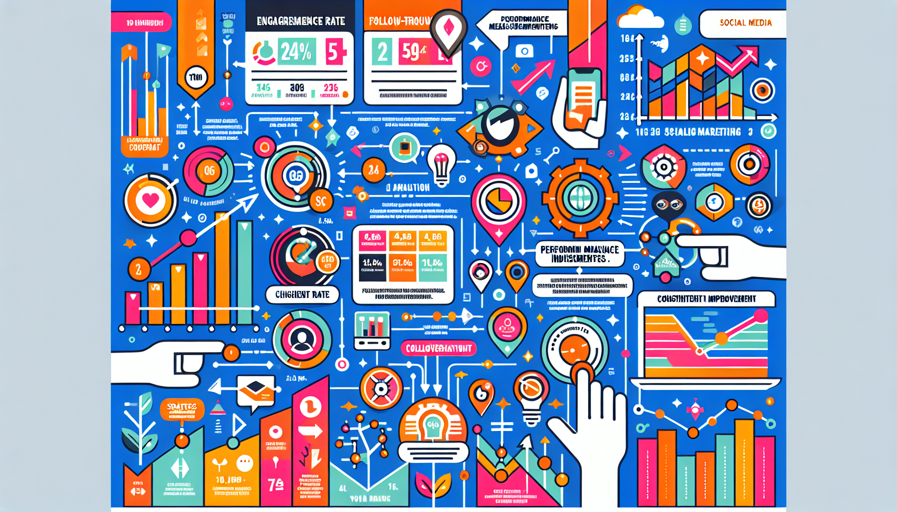 Create an informative and visually engaging infographic that illustrates the key performance indicators (KPIs) for measuring success in social media marketing. Include icons and graphics representing various KPIs like engagement rate, click-through rate, follower growth, and conversion rate. Showcase popular tools and techniques for analytics, such as graphs and charts, with a focus on continuous improvement strategies based on performance data. Use a modern and colorful design style that reflects the dynamic nature of social media.