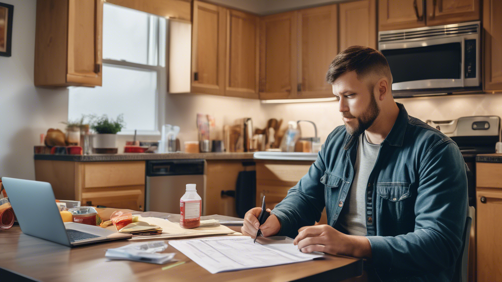 Create an image depicting a commercial truck driver sitting at a kitchen table, preparing for a DOT health exam. The table is scattered with documents, a checklist, and a laptop displaying DOT regulations. The driver, appearing focused and organized, is surrounded by items like a water bottle, healthy snacks, and a small open guidebook titled Preparing for Your DOT Health Exam. The room is warmly lit, with a calendar on the wall marked with the exam date. The scene is designed to convey a sense of preparedness and attention to detail.