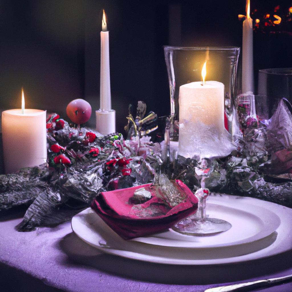 Create an image that captures the enchanting essence of a Night Before Christmas candle as a centerpiece in holiday decor. The scene should depict a stylish dining table set for a festive gathering, with the candle taking center stage. The candle should emit a soft, soothing glow, illuminating the surrounding elegant tableware and festive elements like evergreen branches, berries, and twinkling fairy lights. Capture the candle