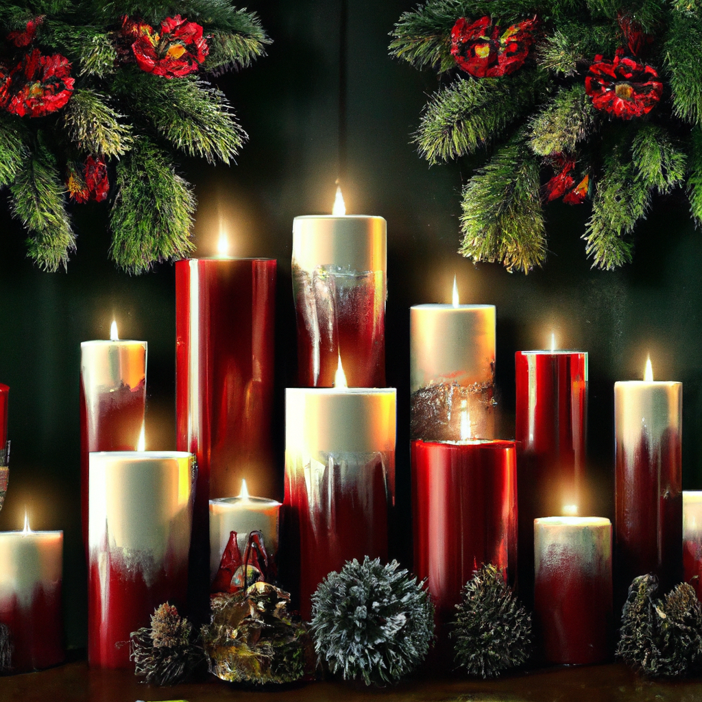 Create an image of a beautifully arranged selection of Night Before Christmas candles, showcasing a variety of designs and scents. Each candle should be unique, reflecting different styles ranging from traditional holiday motifs to modern, minimalist designs. Display the candles on a rustic wooden table with subtle holiday decorations—such as pinecones, evergreen branches, and a hint of glittering ornaments—to enhance the seasonal theme. The setting should convey a cozy, inviting atmosphere, perfect for guiding consumers in choosing the ideal candle for their home decor and personal taste.