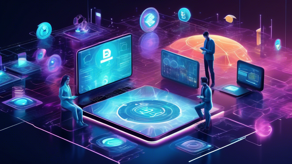 Create an image that showcases a futuristic digital landscape, featuring a variety of tech-savvy individuals interacting with different devices. The focus should be on a holographic interface displaying a selection of cryptocurrency logos without any identification requirements. Include visual elements like interconnected blockchain networks, decentralized nodes, and peer-to-peer exchange platforms, all emphasizing ease and privacy. The setting should be vibrant and dynamic, with a tech-driven atmosphere that highlights innovation and security in cryptocurrency trading.