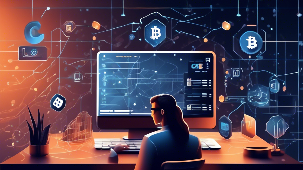 Create an image that illustrates the theme of Legal Considerations and Best Practices for Secure Crypto Transactions Without KYC. The scene depicts a digital landscape merging both the physical and virtual worlds. In the foreground, show a person at a laptop, with abstract symbols of law (like a gavel or scales) merging into digital elements such as binary code and cryptocurrency symbols. In the background, include visual metaphors for security and privacy, like a shield or a padlock, integrating with the open network of a blockchain. Add subtle cues of internationality, like faint outlines of various country flags, to suggest cross-border regulatory considerations. The image should convey a sense of vigilance and sophistication in navigating the challenges of non-KYC crypto transactions in a secure and compliant manner. The color scheme should evoke a sense of trust and professionalism, using blues, silvers, and blacks.