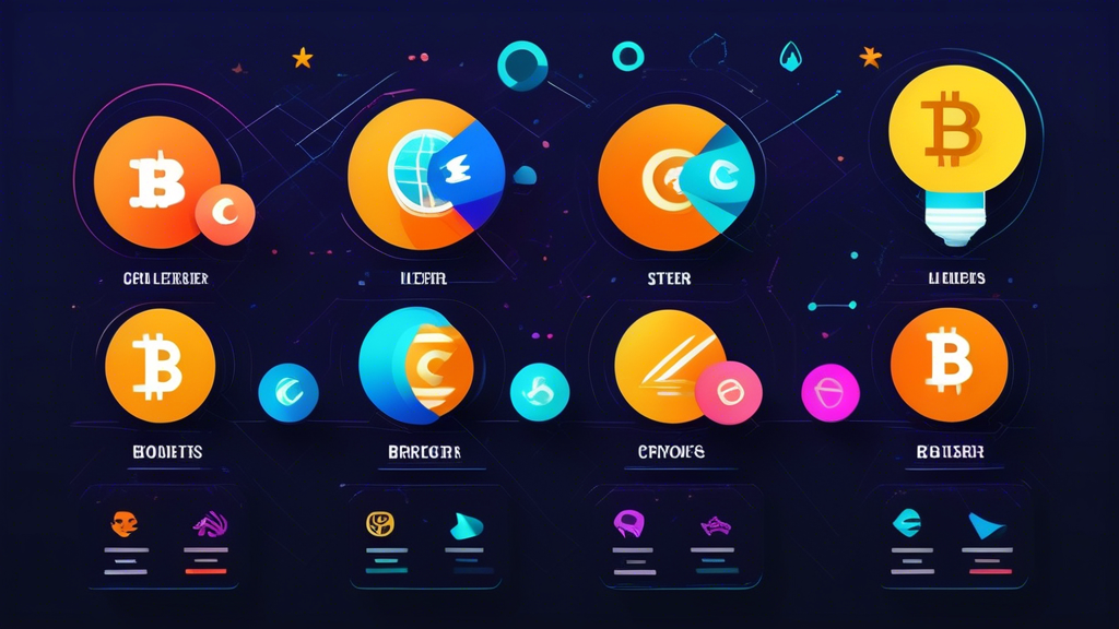 Create an image that showcases a vibrant and engaging comparative chart of the top-rated crypto brokers for beginners. The chart should display icons or logos of various brokers side-by-side, each with visually distinct pros and cons highlighted. Include elements that symbolize beginner-friendly features like question marks with lightbulbs, thumbs-up icons, stars, and user rating bars. The background should be modern and tech-inspired, featuring digital motifs such as circuit patterns or blockchain visuals. Include symbols of cryptocurrency like Bitcoin and Ethereum subtly integrated into the design, conveying a sense of guidance and support for new investors in the crypto world.