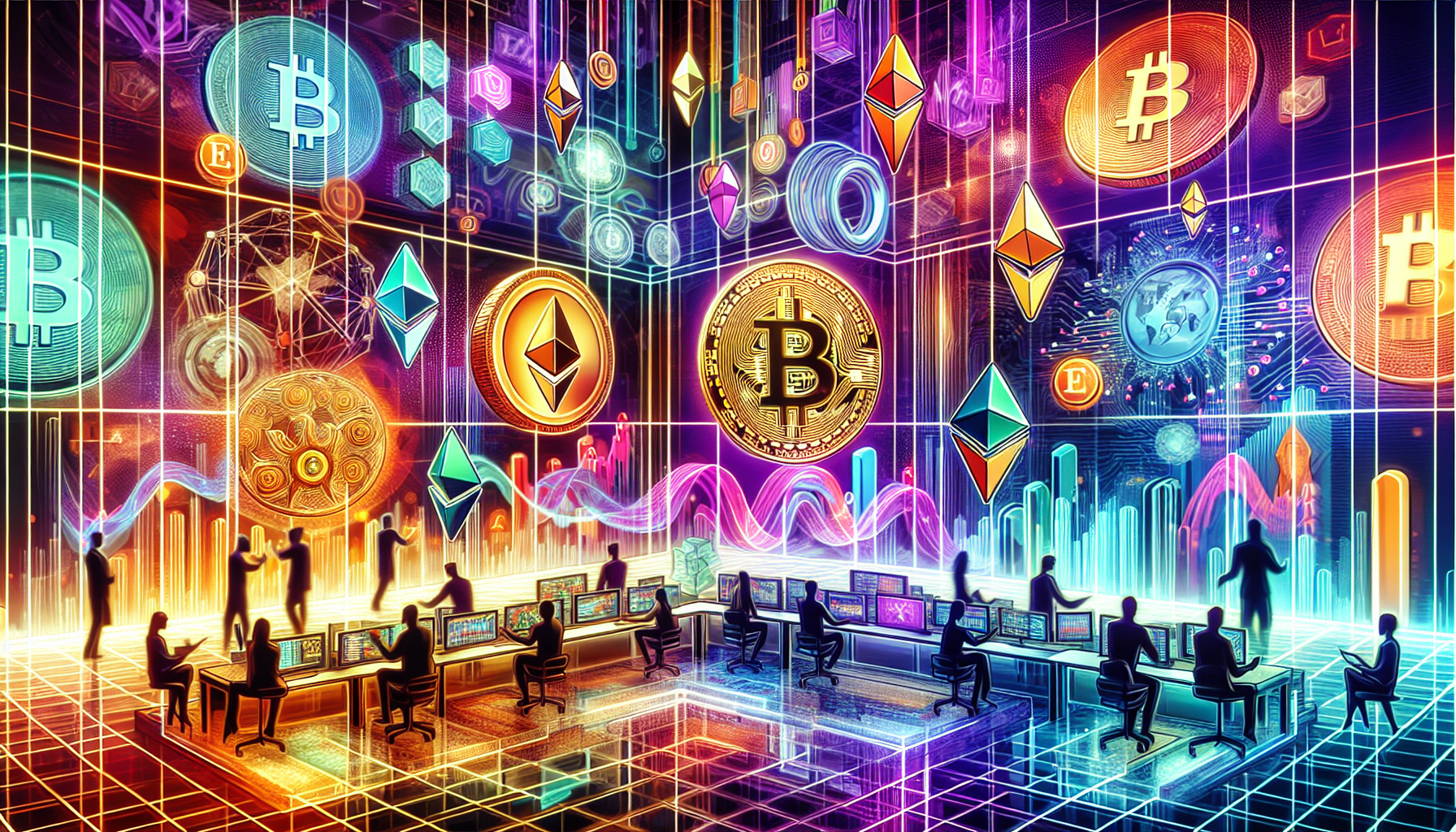 Create an image that showcases a futuristic financial environment where digital and traditional financial symbols converge. Include elements such as various cryptocurrency logos interspersed with traditional stock market symbols like bullish and bearish charts. Populate the scene with dynamic representations of tokens, ETFs, and blockchain structures, illustrating diverse investment opportunities. The background should feature cutting-edge technology, such as a virtual trading platform interface, while diverse investors analyze data on sleek digital screens, encapsulating the innovative yet volatile nature of the new crypto stock market frontier.