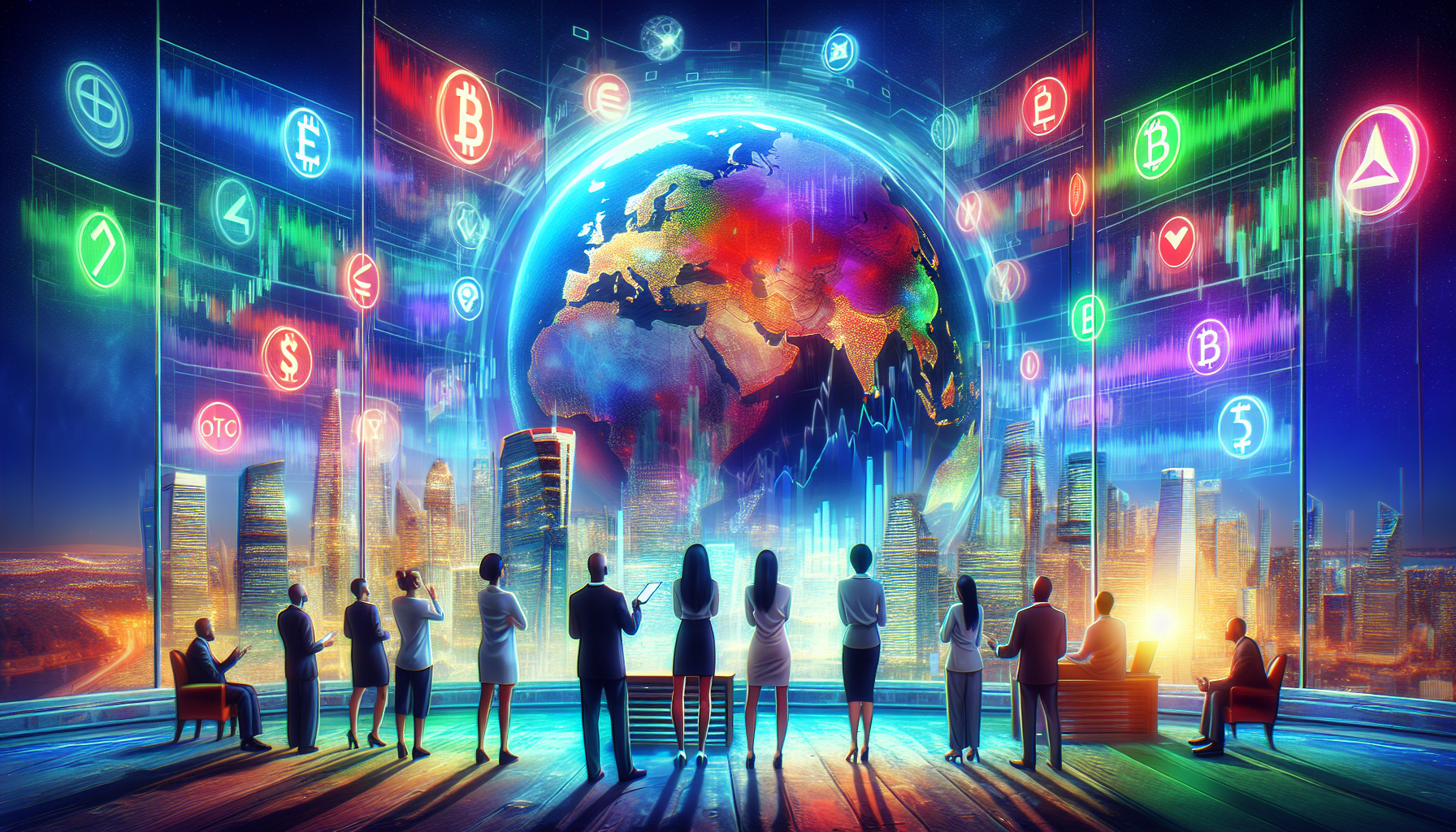 Create an image that depicts the dynamic future of the crypto stock market shaped by evolving regulatory landscapes. The scene should feature a futuristic skyline with holographic stock tickers displaying cryptocurrency symbols and traditional stock indicators. In the foreground, a diverse group of investors looks at a massive interactive globe, highlighting different countries with varying regulatory stances, represented in hues ranging from green (pro-crypto) to red (restrictive). The image should convey a sense of anticipation and transformation, with digital elements seamlessly blending with traditional financial motifs to symbolically represent the integration of cryptocurrency into the global market.