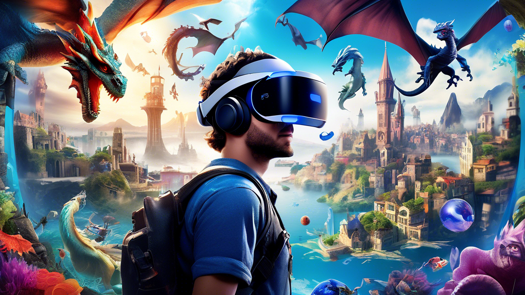 Create an image that showcases an assortment of popular games and applications for the Sony PS4 VR, highlighting their vibrant and immersive worlds. The scene should depict a gamer wearing a Sony PS4 VR headset, exploring a collage of dynamic game environments—such as a fantastical realm with dragons, a futuristic cityscape, and a serene underwater adventure. Include visual cues of exclusive game titles, maximizing the VR