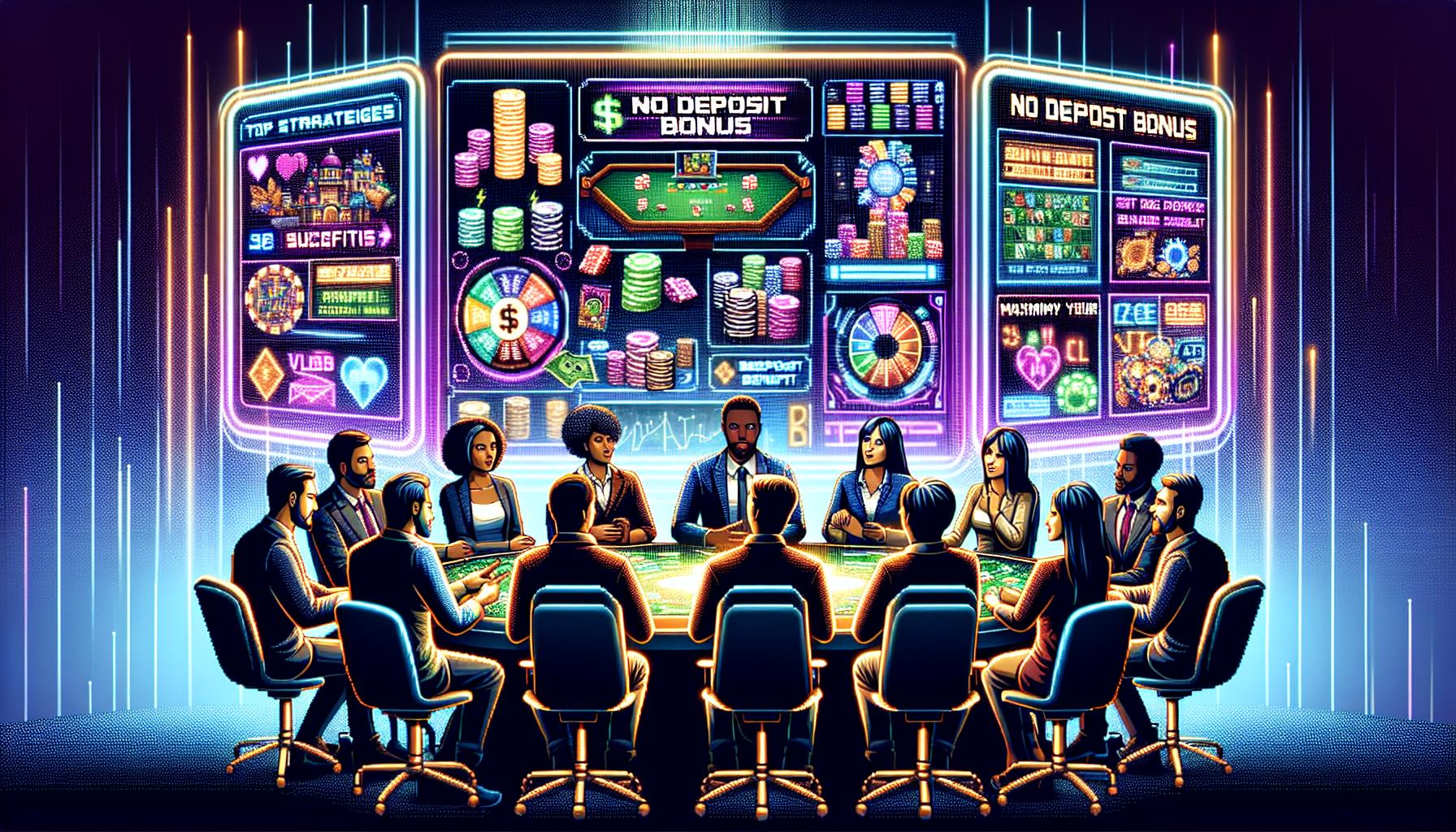 Create an image showcasing a diverse group of gamers strategizing around a digital table covered with vibrant screen displays. The screens show various online casino games with No Deposit Bonus prominently highlighted. Include visual elements like charts and graphs to represent the analysis of gaming strategies. The background features a virtual casino atmosphere with flashing lights and holographic pop-ups reading Top Strategies and Maximize Your Benefits to convey a sense of dynamic planning and excitement.