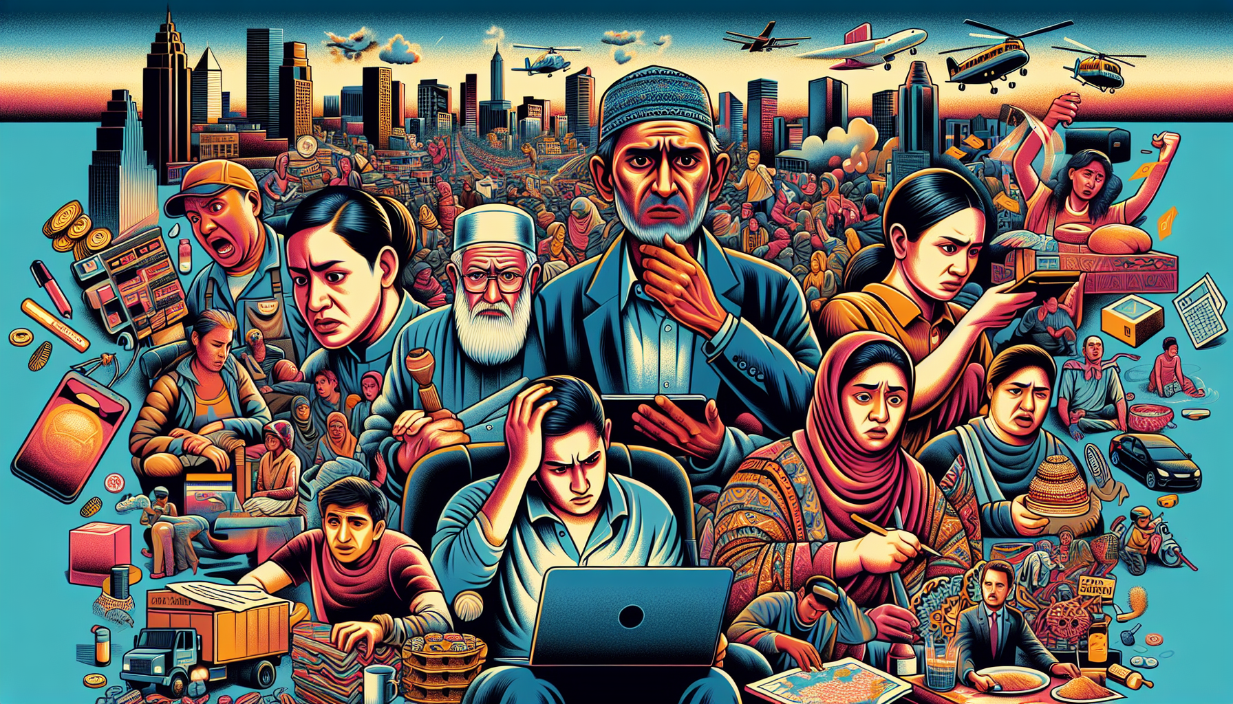 An illustrated warning poster showcasing a diverse group of people experiencing different unfortunate outcomes while engaging in various side gigs, against a background of a bustling city at sunset. This visually engaging scene should include subtle cues on why each gig might be risky, such as a person looking stressed while working on a laptop, another dealing with angry customers in a delivery scenario, and someone surrounded by a mountain of unsold craft items. The overall mood conveys caution and is highly detailed to capture attention.