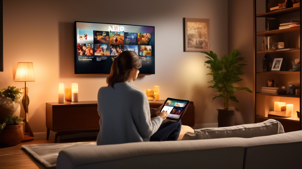 Create an image of a cozy living room setting where a person is comfortably seated on a couch using a tablet to stream NBC content. Include a smart TV in the background displaying the NBC logo on its screen. The scene should convey a sense of ease and relaxation, highlighting the seamless interface and user-friendly navigation of NBC Streaming. The living room should have warm lighting and modern decor, with a glimpse of other smart devices that are compatible with NBC Streaming.