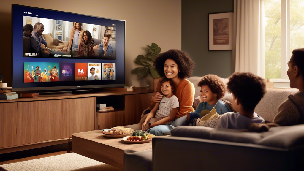 Create an image depicting a modern, cozy living room where a family is enjoying the benefits of NBC Streaming. The room is softly lit, and a large flat-screen TV displays the NBC Streaming logo alongside a menu featuring exclusive series and movies. On a side table, a cable box, representing traditional TV services, is pushed aside to emphasize the shift to streaming. The family looks relaxed and happy, showcasing elements like a tablet and a smartphone being used to navigate the streaming service. Highlight the contrast between the innovative streaming experience and traditional TV with visual cues like a tangled mess of cables versus the sleek, wireless streaming setup.