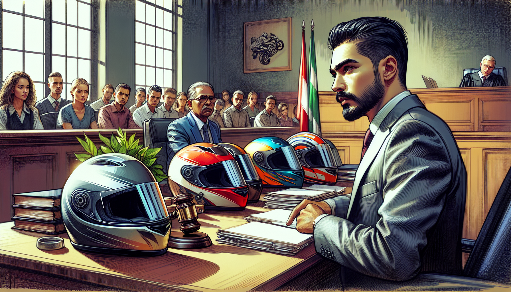 **Prompt**: Illustrate an intense courtroom scene with a focused attorney at the center, surrounded by motorcycle helmets and legal documents, representing their specialization and success in motorcycle crash cases. The environment should convey professionalism and expertise, with detailed views of motorcycle accident evidence and passionate discussions between the attorney and the judge. The attorney should be depicted as confident and determined, leading a powerful legal argument in front of a captivated courtroom audience. The overall image should emphasize the attorney