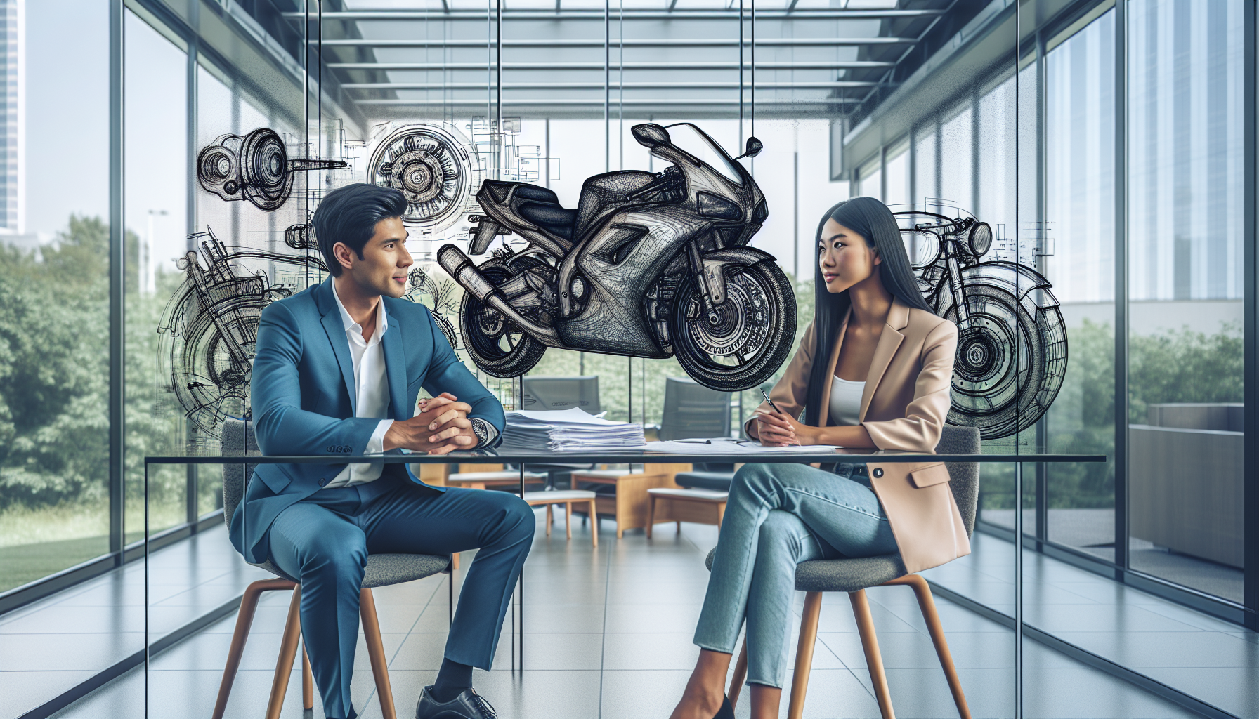 Client sitting confidently across from a top motorcycle crash attorney in a modern, professional office environment, discussing key documents and a legal strategy for a motorcycle accident case.