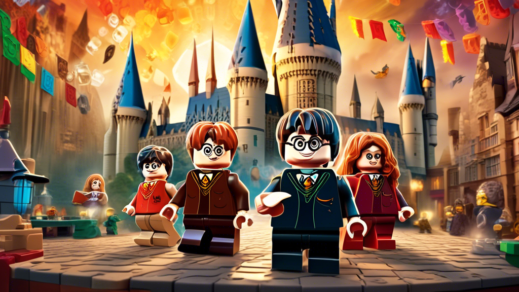 **Prompt:** Create a vibrant and whimsical illustration that captures the essence of LEGO Harry Potter on PS4. The image should feature iconic locations from the Harry Potter universe, such as Hogwarts Castle and Diagon Alley, reimagined in LEGO form. Include beloved characters like Harry, Hermione, and Ron in playful poses, showcasing their magical abilities with colorful spells. The PS4 console should be creatively integrated into the scene, perhaps with a LEGO representation of the controller. The overall tone should evoke nostalgia and excitement, appealing to both fans of Harry Potter and gamers. Use bright colors and dynamic poses to convey a sense of adventure and fun.