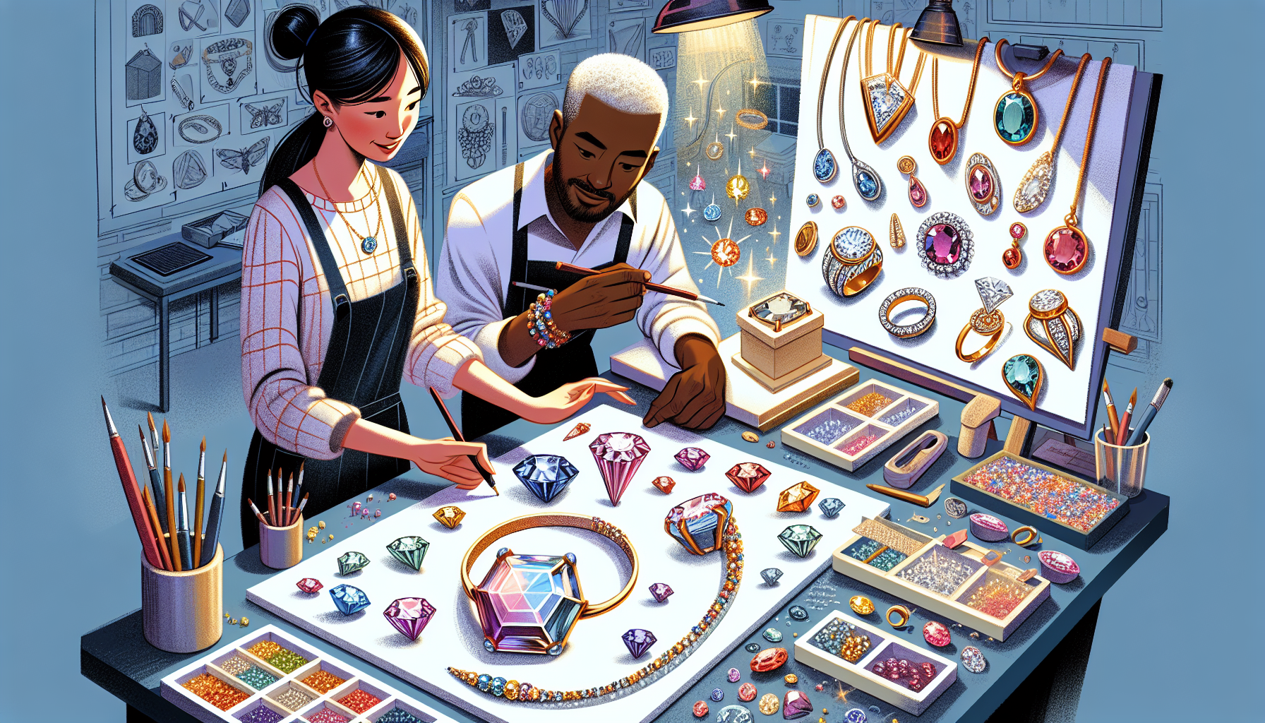 **DALL-E Prompt:** Create an artistic representation of the custom jewelry creation process. Illustrate a scene where a client is collaborating with an artisan in a bright, modern workshop. The artisan, a skilled jeweler, is sketching designs on paper, while the client is excitedly discussing unique ideas. Surround them with a variety of materials like shimmering gemstones, gold, and silver, and showcase examples of personalized design elements such as engraved initials and unique shapes. The atmosphere should convey creativity and collaboration, highlighting the beauty of custom jewelry being crafted.