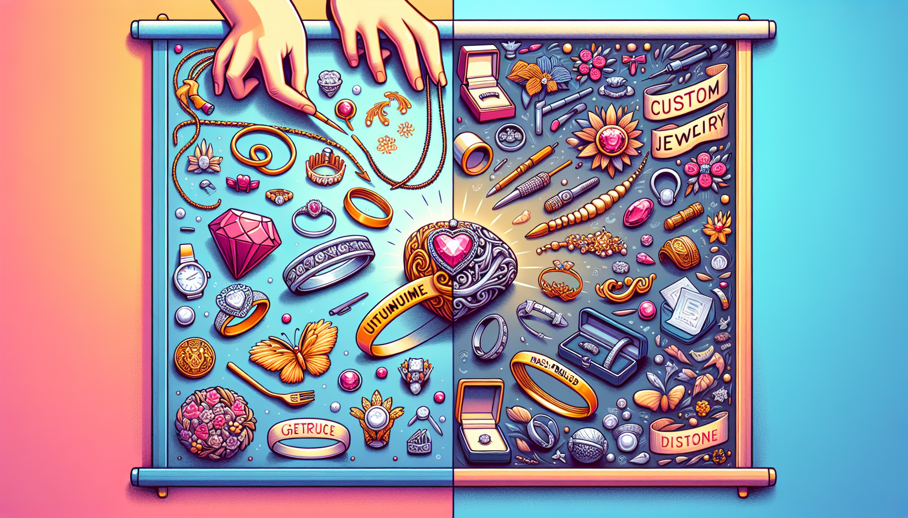 **DALL-E Prompt:** Create an artistic representation that contrasts custom jewelry with mass-produced alternatives. On one side, depict a beautifully crafted, unique piece of custom jewelry adorned with intricate details and personalized engravings. Emphasize its individuality and emotional significance. On the other side, illustrate a collection of generic, mass-produced jewelry items that lack uniqueness and character. Use vibrant colors to highlight the allure of the custom piece, while the mass-produced side appears more subdued and less inviting. Include a subtle backdrop showcasing different occasions where custom jewelry makes a meaningful gift, such as weddings, anniversaries, and birthdays.