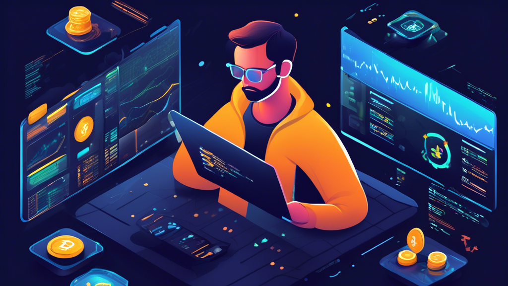 Create an informative and visually engaging illustration depicting a person evaluating different cryptocurrency trading platforms. Show a variety of screens displaying diverse user interfaces, charts, and statistics. Include elements such as a checklist highlighting key factors like trading style, accessibility, and market trends. Incorporate a sense of focus and decision-making in the character