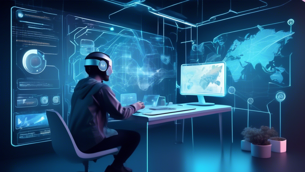 Create a digital illustration showing a futuristic tech interface featuring a user using the most advanced YouTube proxy. The interface displays a step-by-step guide with visual elements like connected devices, maps demonstrating bypassing regional restrictions, and encrypted data flowing. The environment conveys a sense of anonymity and enhanced digital safety. The user is depicted at a computer desk with holographic screens, showcasing secure streaming, unobstructed access to YouTube content, and protection icons. Include vibrant, glowing elements to emphasize technological advancement and security.