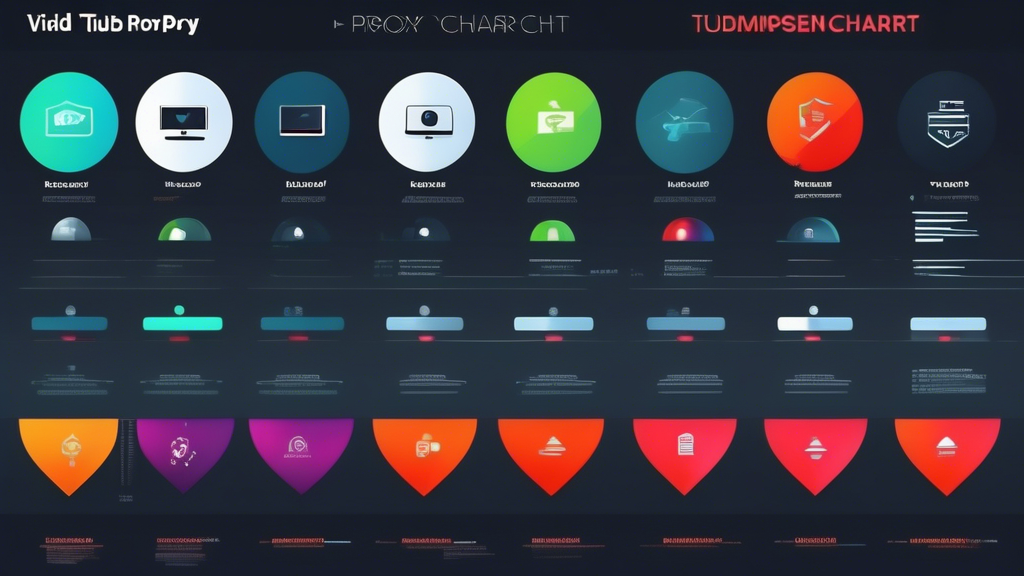 Create an image illustrating a vivid comparison chart between the most advanced YouTube proxy and standard proxy alternatives. The chart should feature sleek, modern design elements with contrasting colors to highlight the key differences. Include visual representations of enhanced security measures like encrypted shields and high-definition video icons. The background can depict a digital landscape, symbolizing advanced technology and seamless streaming, with elements like streaming bars and global connectivity lines, to emphasize the user experience upgrade. Label key points of comparison with stylish icons for easy understanding, focusing on security, user experience, and video quality.