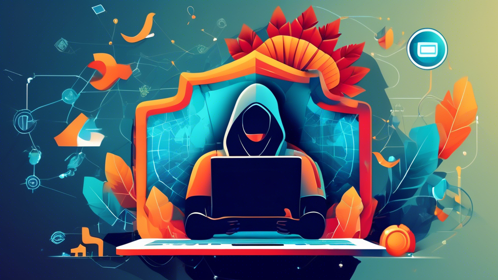 Create an image that visually represents the concept of increased privacy and security online when using a Turkey VPN. The image should depict a digital landscape with a person using a laptop, surrounded by symbolic elements such as a shield representing security, a lock symbolizing data protection, and flowing data streams that illustrate enhanced privacy. The background should subtly incorporate elements related to Turkey, such as the country