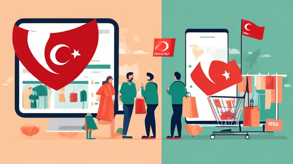 Create an image that illustrates the economic advantages of using a Turkey VPN for online shopping. Depict a split-screen design showing a person shopping online with a VPN enabled on one side, displaying lower prices on various products, and the same person without a VPN on the other side showing higher prices. Include visual elements like price tags, discount symbols, and the Turkish flag to emphasize the context. The background should have a digital feel, incorporating icons of online shopping and VPN security to highlight the benefits of accessing better deals through a Turkey VPN.