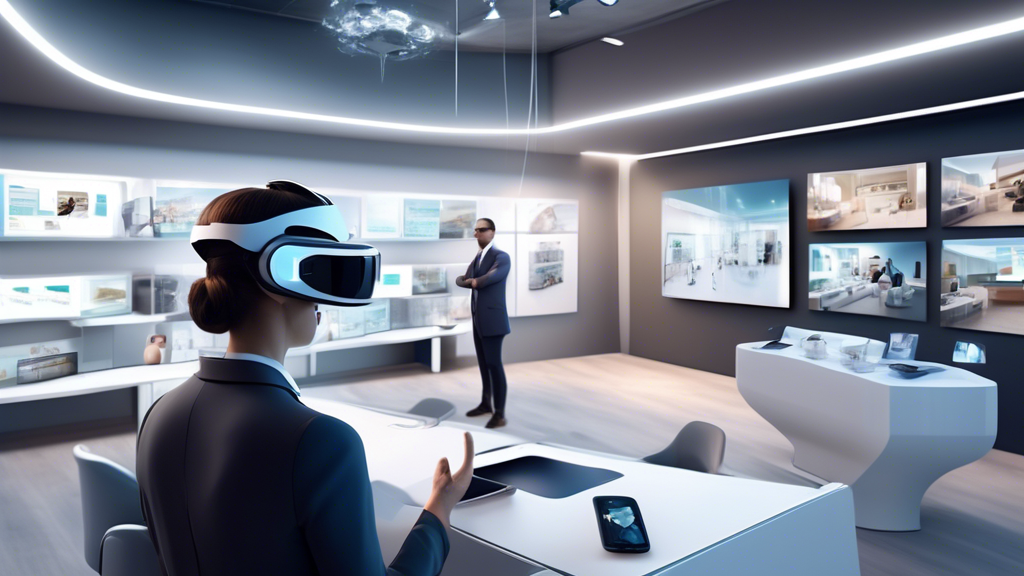 Create an image depicting the innovative applications of mobile VR across various industries. The scene includes a futuristic office space where professionals are using mobile VR headsets. In one section, a real estate agent showcases a virtual property tour to clients. In another area, a retail manager visualizes a new store layout through VR. A healthcare professional uses VR to simulate a surgical procedure, while a manufacturing supervisor oversees virtual equipment maintenance. Each participant is fully immersed in their VR experience, showcasing the dynamic and transformative power of mobile VR in modern business settings. Visualize an environment buzzing with technological integration and collaboration.