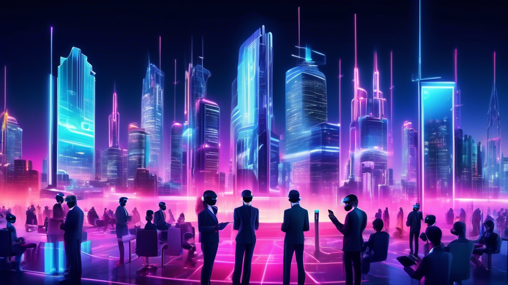 Create an image depicting a futuristic city skyline where each skyscraper represents a different industry. The scene is illuminated with neon lights, showcasing holographic displays and augmented reality billboards promoting various businesses. In the foreground, a diverse group of professionals is engaged in work activities using mobile VR headsets. The atmosphere is dynamic and vibrant, symbolizing the integration of mobile VR into business landscapes. The horizon shows advanced technology, such as drones and flying cars, hinting at the transformative potential and future prospects of mobile VR in shaping business landscapes.