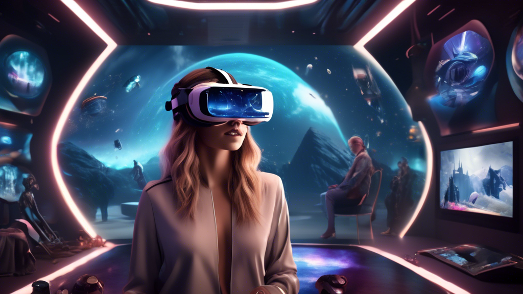 Create an image that showcases a futuristic virtual reality interface displaying a curated selection of top-rated VR adult experiences from 2023. The interface should categorize the experiences by different genres, such as romance, adventure, and fantasy, each with visually captivating thumbnails. Include elements like user reviews and star ratings to emphasize the information provided. The scene should also convey a sense of realism and interactivity, with sleek, modern design aesthetics reflecting cutting-edge VR technology.
