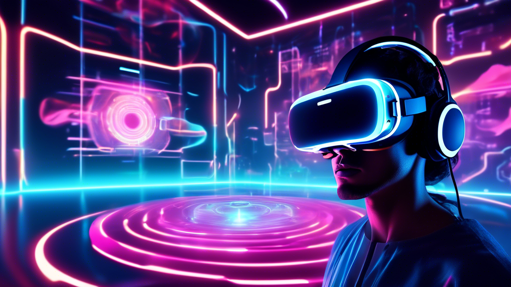 Create an image depicting a futuristic neon-lit digital landscape with a VR headset prominently displayed in the foreground. The headset appears sophisticated and high-tech, with subtle holographic elements indicating privacy and security features. In the background, abstract symbols representing legal scales and secure locks float around, symbolizing guidance and safety in accessing VR adult content. The scene should evoke a sense of safety and technological advancement, capturing the theme of navigating VR content securely in 2023.