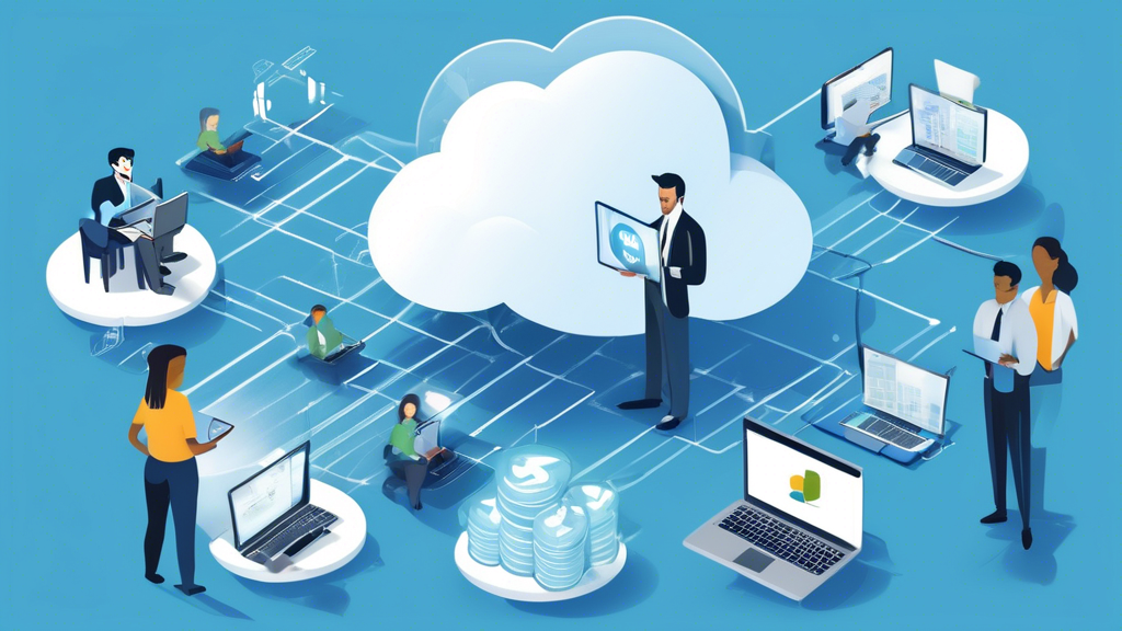 Create an image that visually represents the advantages of VMware Cloud for businesses. The scene should depict a modern office environment where diverse professionals are collaborating seamlessly using various devices (laptops, tablets, and smartphones) connected to a cloud network. Include visual elements that symbolize scalability (e.g., expanding digital graphics), cost efficiency (e.g., currency symbols or graphs showing growth), and security (e.g., locks or shields) integrated into the cloud aspect of VMware. Use a vibrant color palette to convey innovation and technology, while ensuring the focus remains on the concept of VMware Cloud as a transformative business tool.